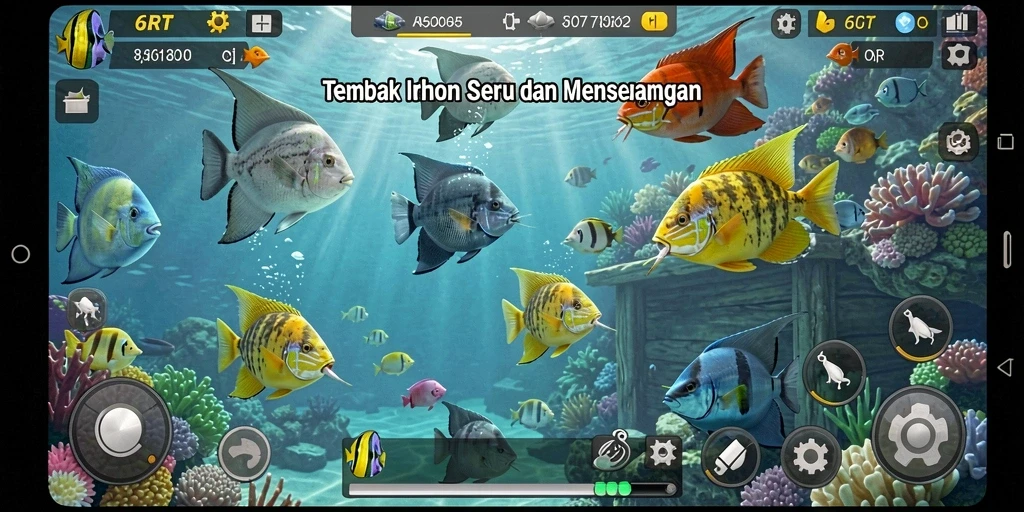 Tampilan permainan 6RT yang penuh warna dengan aksi menembak ikan.