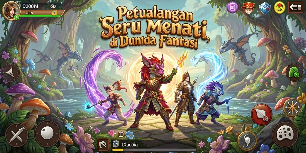 Screenshot D200M menampilkan aksi seru dalam petualangan yang epik.