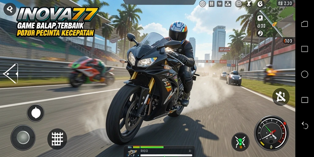 Screenshot utama dari gameplay seru di INOVA77 menunjukkan balapan motor yang mendebarkan.