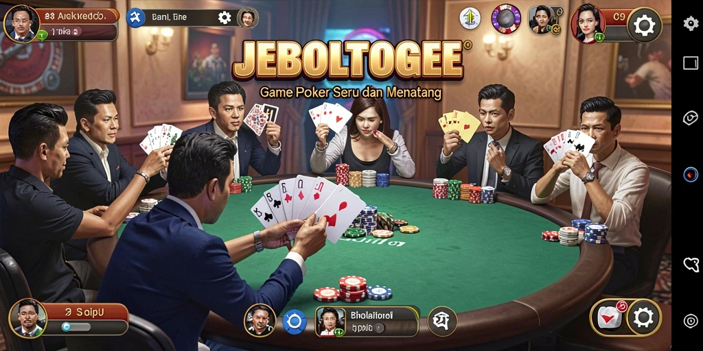 Tampilan screenshot JEBOLTOGEL menampilkan gameplay Poker yang seru.