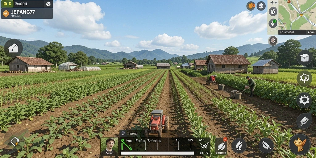 Screenshot gameplay JEPANG77 menunjukkan ladang yang hijau dan subur.