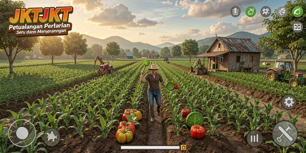 Tampilan gameplay JKTJKT yang menarik dengan lahan pertanian yang subur.
