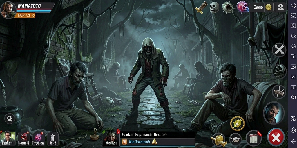 Tangkapan layar gameplay MAFIATOTO dengan suasana menyeramkan dan efek horor.