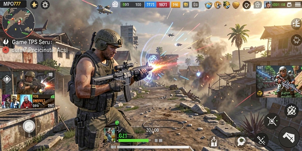 Screenshot MPO777 menunjukkan aksi intens dalam gameplay TPS.
