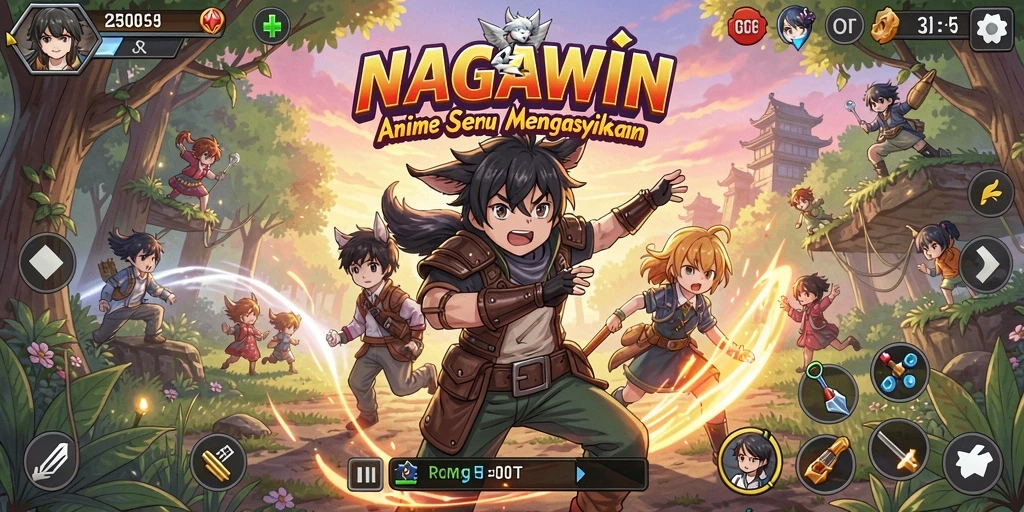 Tampilan gameplay NAGAWIN yang penuh aksi dan warna.