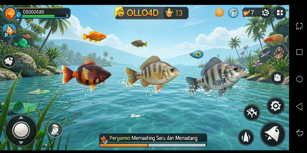 Tampilan gameplay <strong>OLLO4D</strong> yang menampilkan sesi memancing yang mendebarkan.