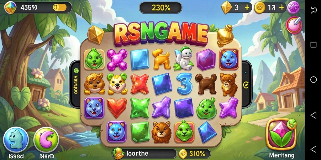 Screenshot RSNGAME menampilkan gameplay Match-3 yang seru dan penuh warna.