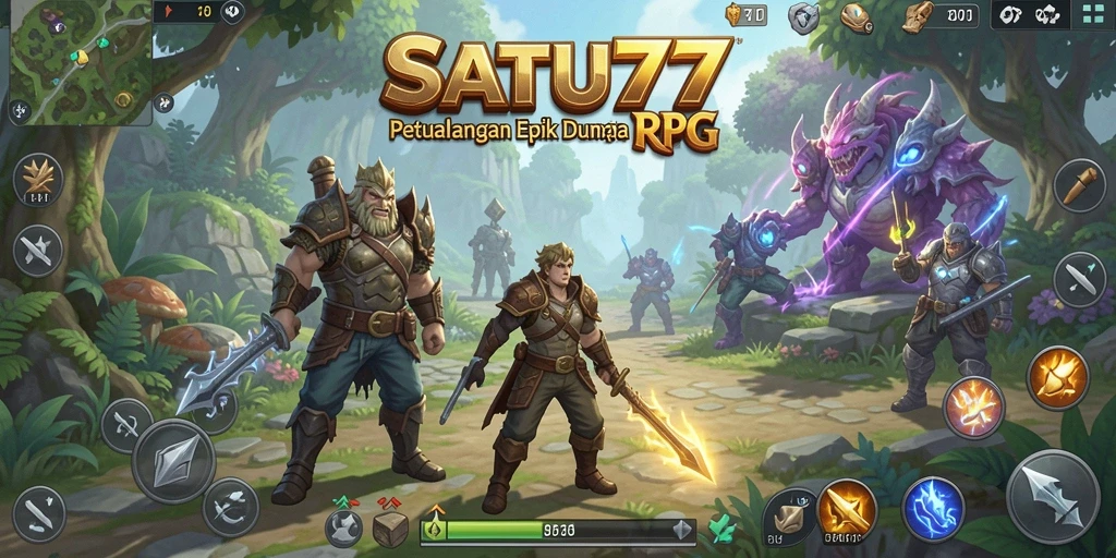 Tangkapan layar menampilkan pertarungan epik dalam dunia RPG SATU77.